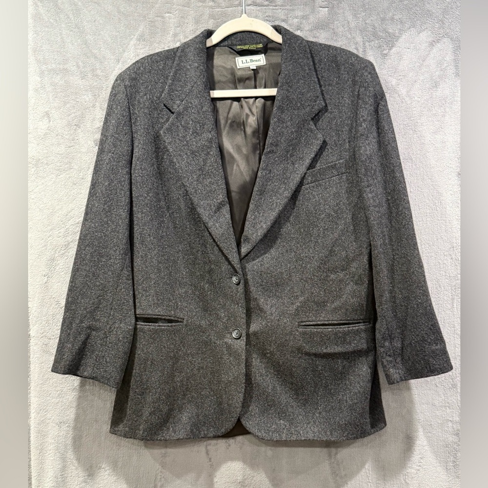 VTG LL Bean 12P Petite Blazer Women‎ Charcoal Gray USA Made Wool Cashmere